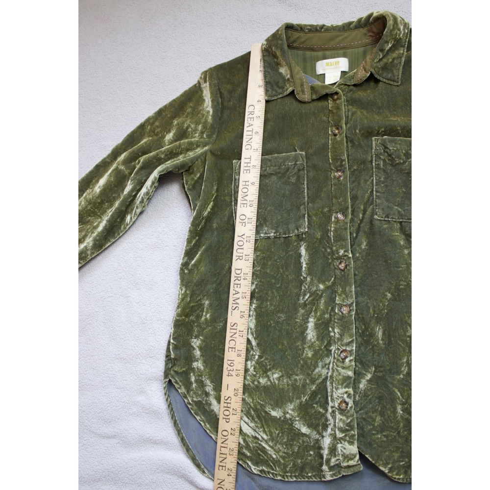 Anthropologie Maeve Green Karina Crushed Velvet Button Down Shirt Moss Petite 0P - Picture 10 of 10